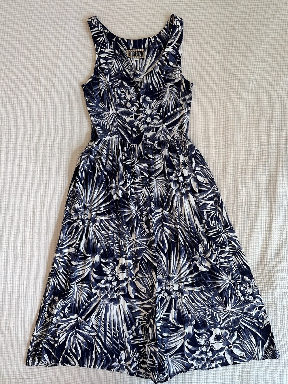 Vintage Forenza Blue and White Palm Print Sleeveless Dress Size 6